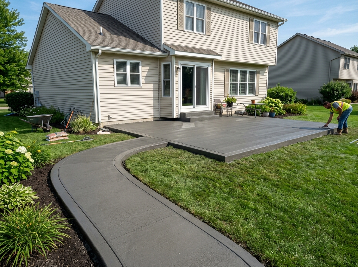 Newly poured concrete patio and walkway with clean edges