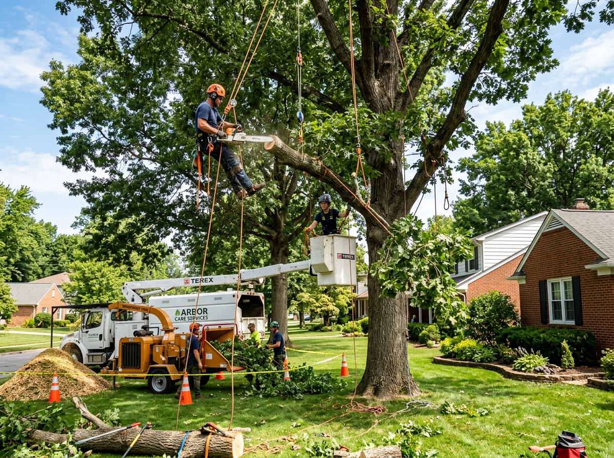 Tree removal crew with crane, bucket truck, and chipper
