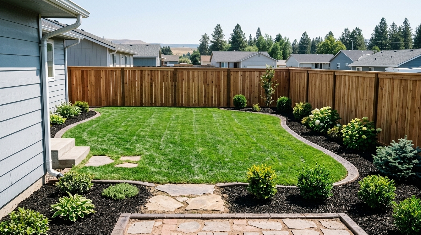 Completed Roberto Landscaping residential backyard transformation with Western Red Cedar privacy fence, decorative concrete curbing, and lush green sod